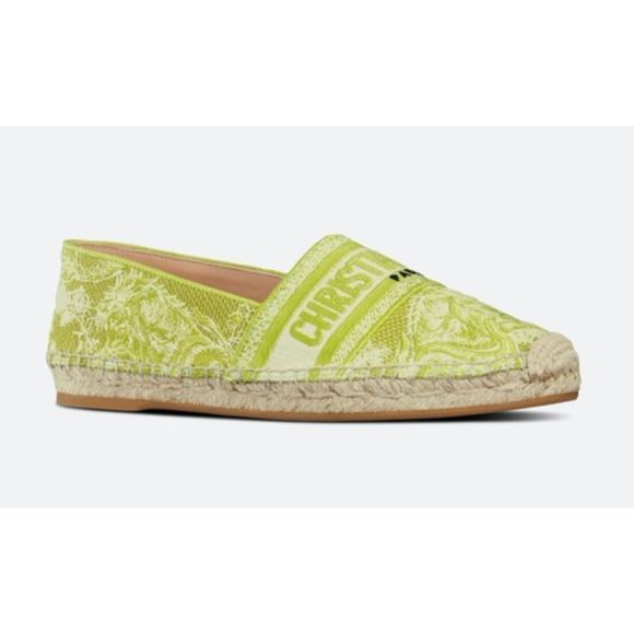 Dior Granville Toile De Jouy Embroidered Lime Green Logo Espadrille Flat 35.5 - Picture 3 of 12